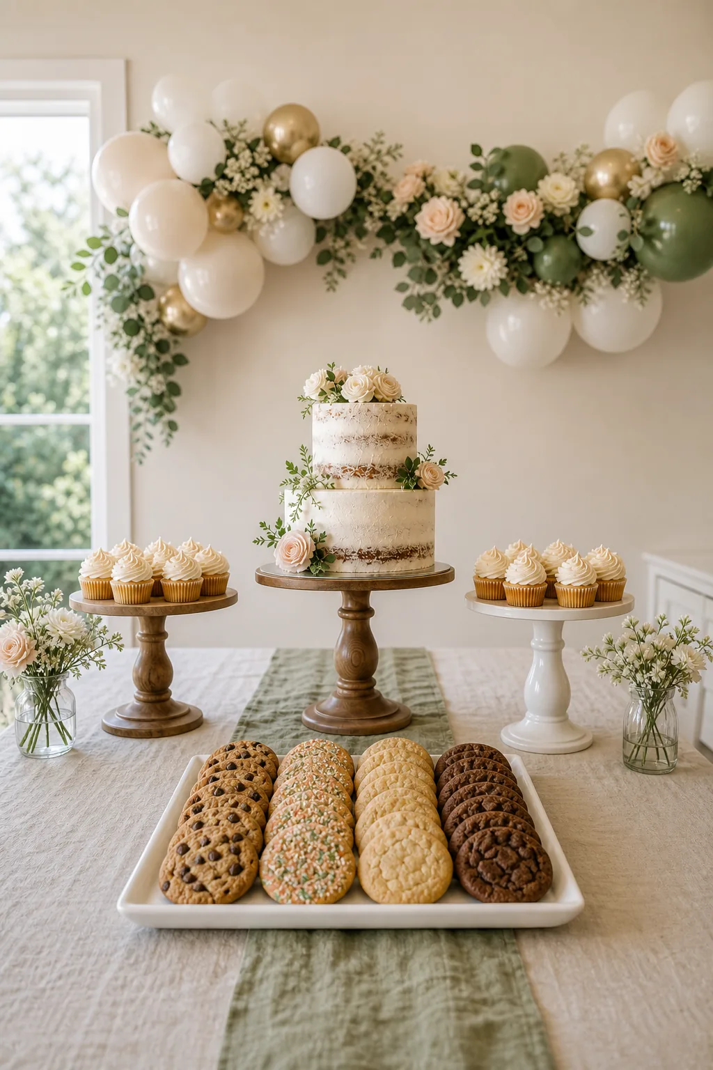 A rectangular tray of cookies positioned in front of a round ceramic pedestal holding cupcakes.