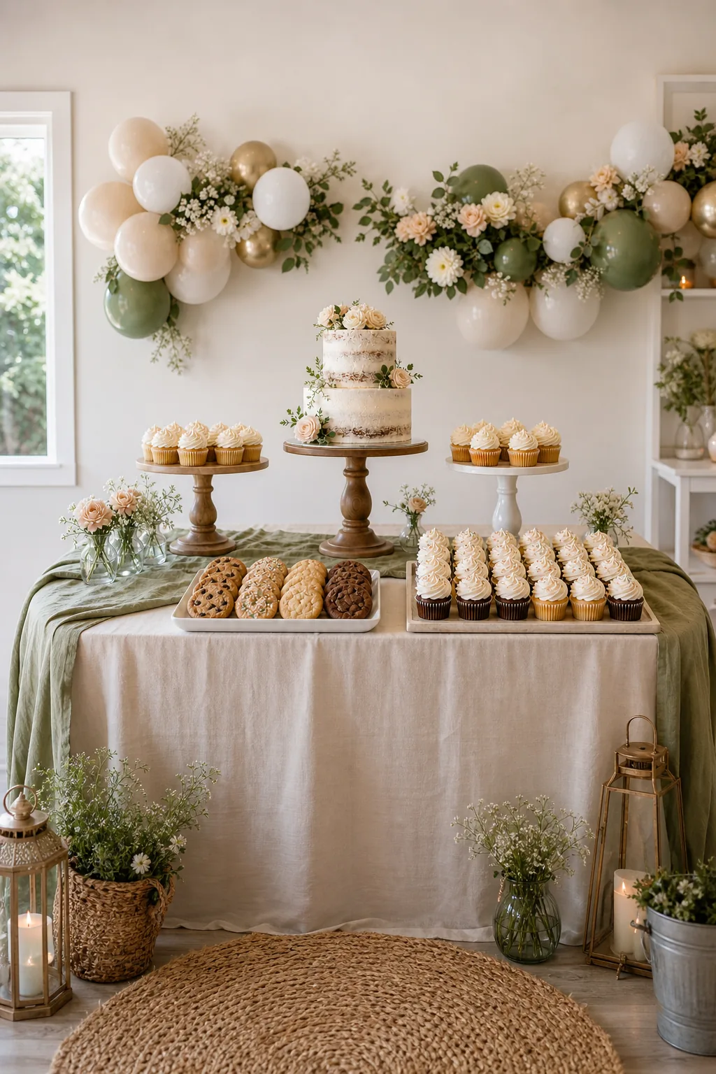 A fully styled dessert table showing clear spacing between the cake stands and cookie trays.