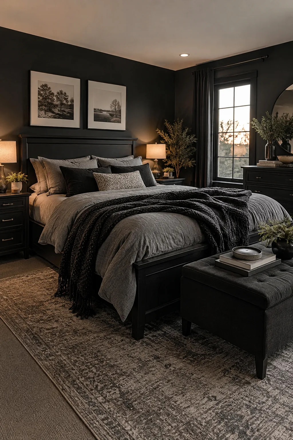 Charcoal bedroom walls with a matte black bedframe and heathered grey bedding.