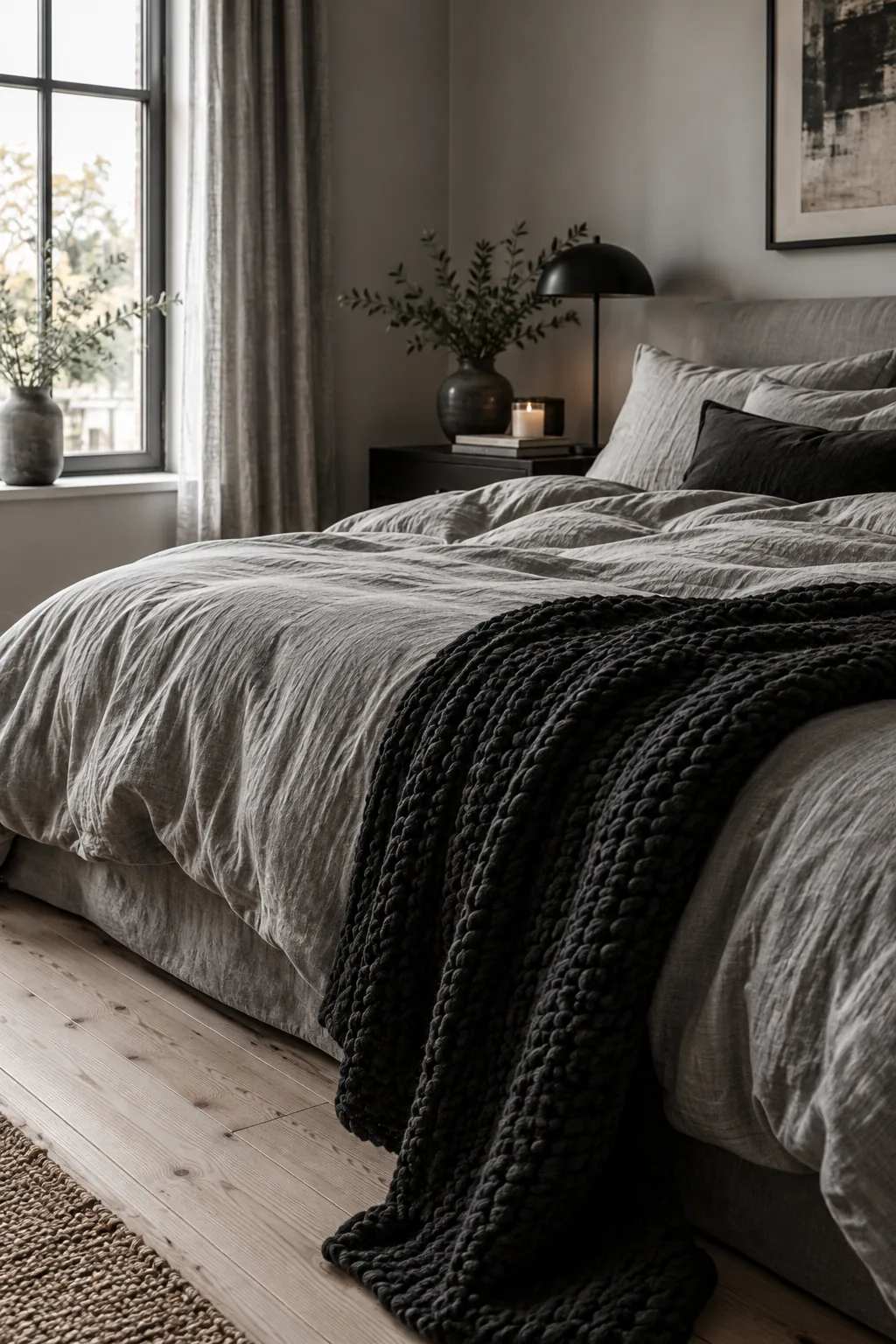 Dove grey linen sheets on a bed with a chunky black knit throw.
