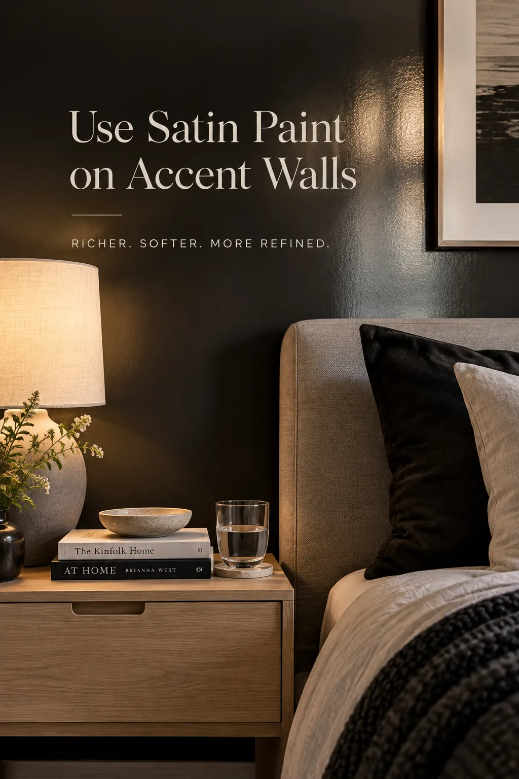 Satin finish black accent wall behind a modern grey upholstered bed.