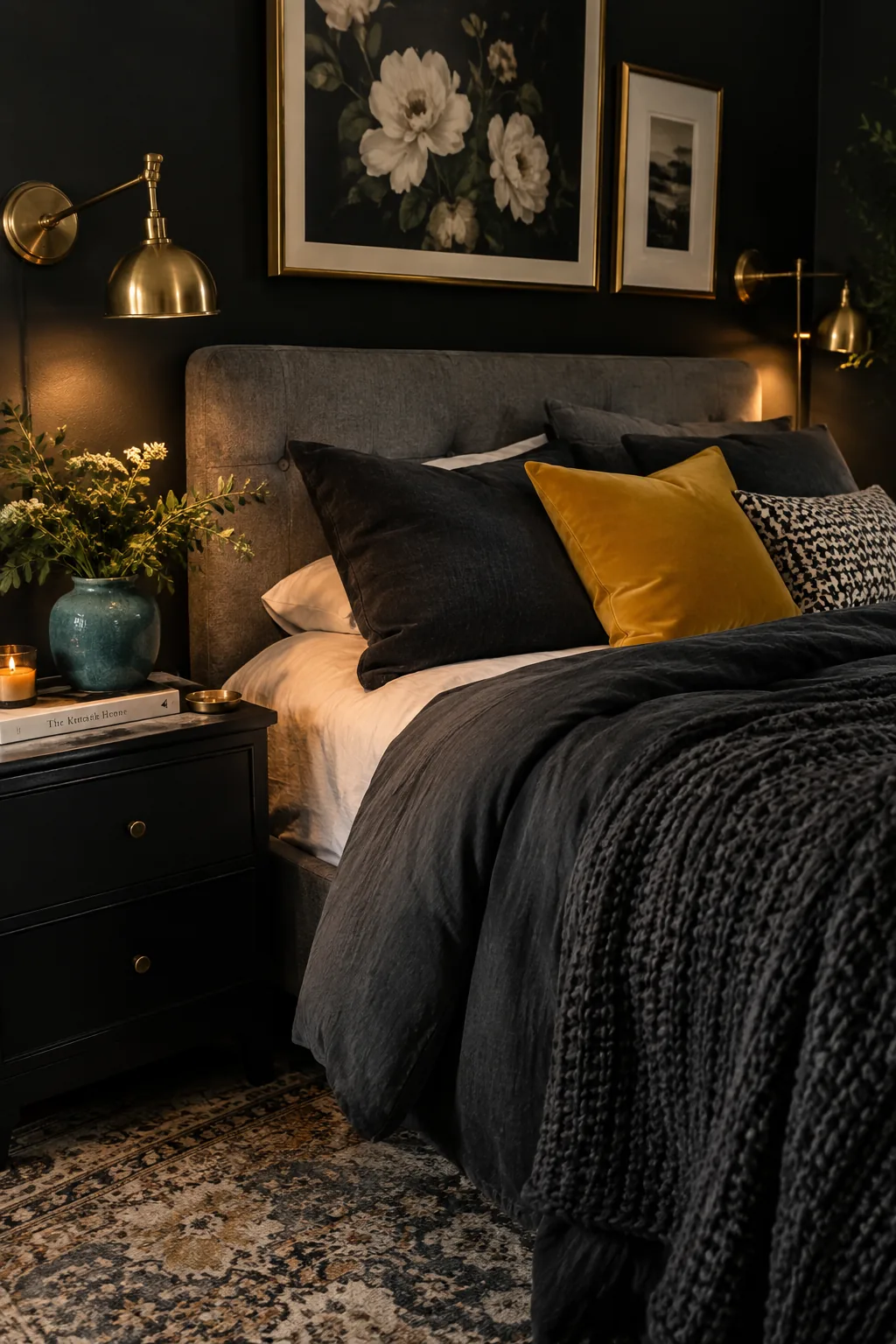 Brushed brass sconces mounted on a dark grey bedroom wall.