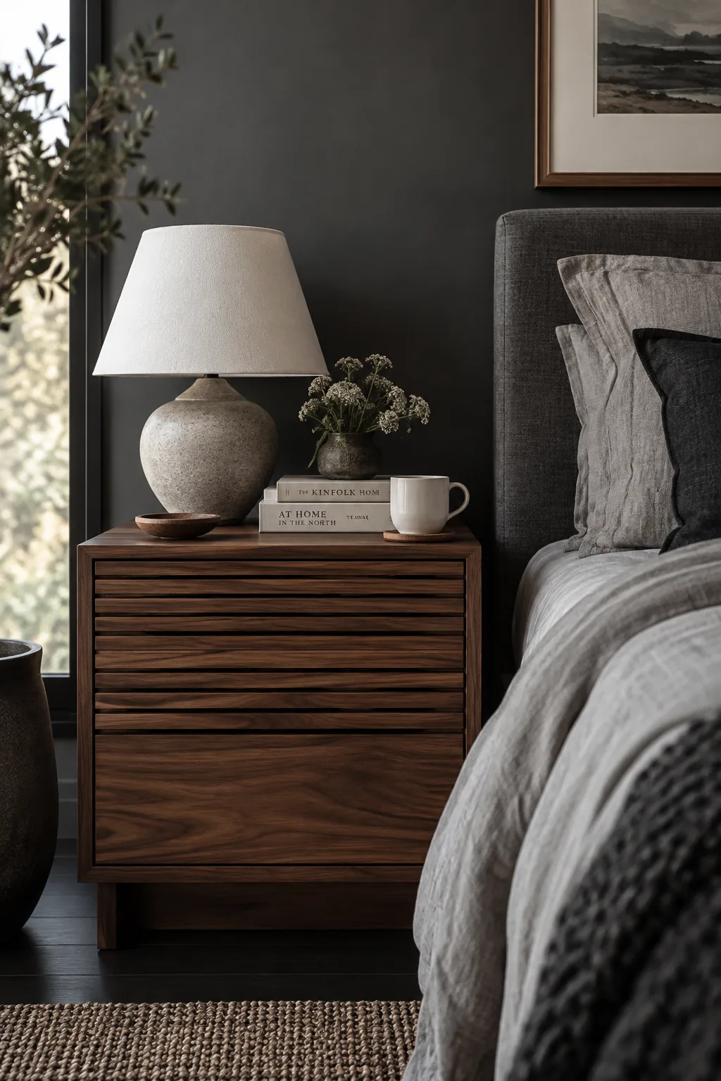 Slatted walnut nightstand against a dark charcoal bedroom wall.