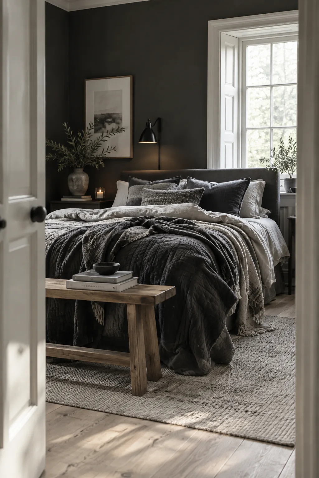 Bed styled with a grey velvet quilt and linen duvet.