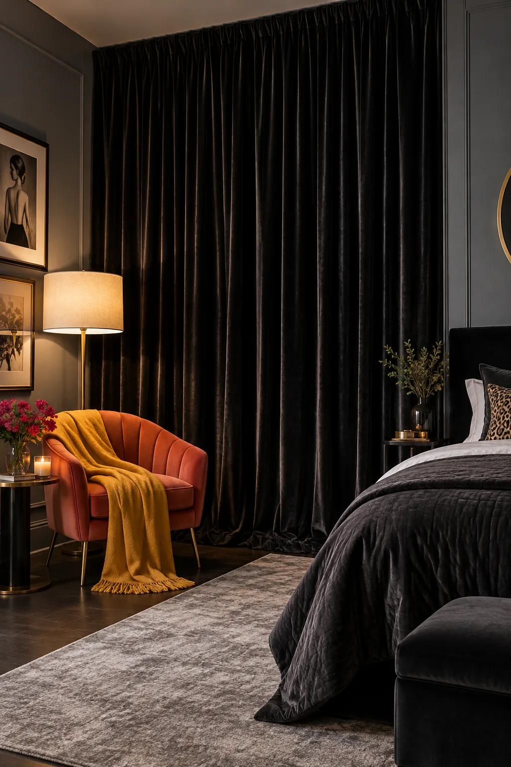 Floor-to-ceiling black velvet curtains in a modern grey bedroom.