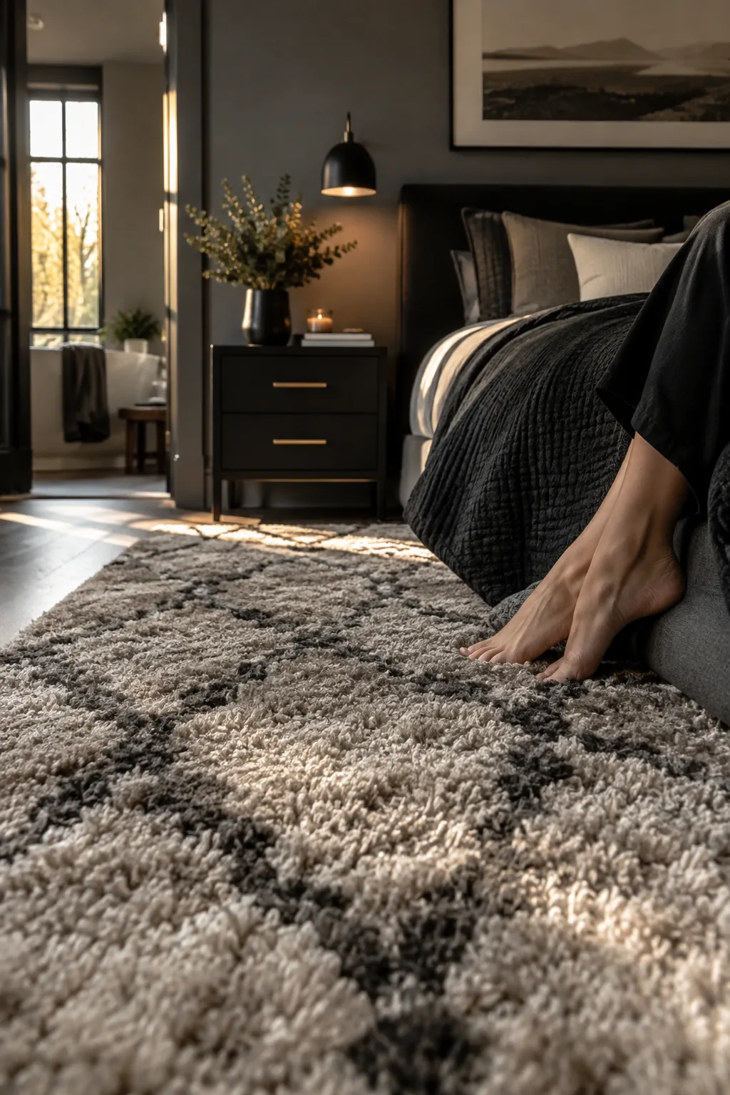 Plush Moroccan rug with a grey diamond pattern under a dark bed.