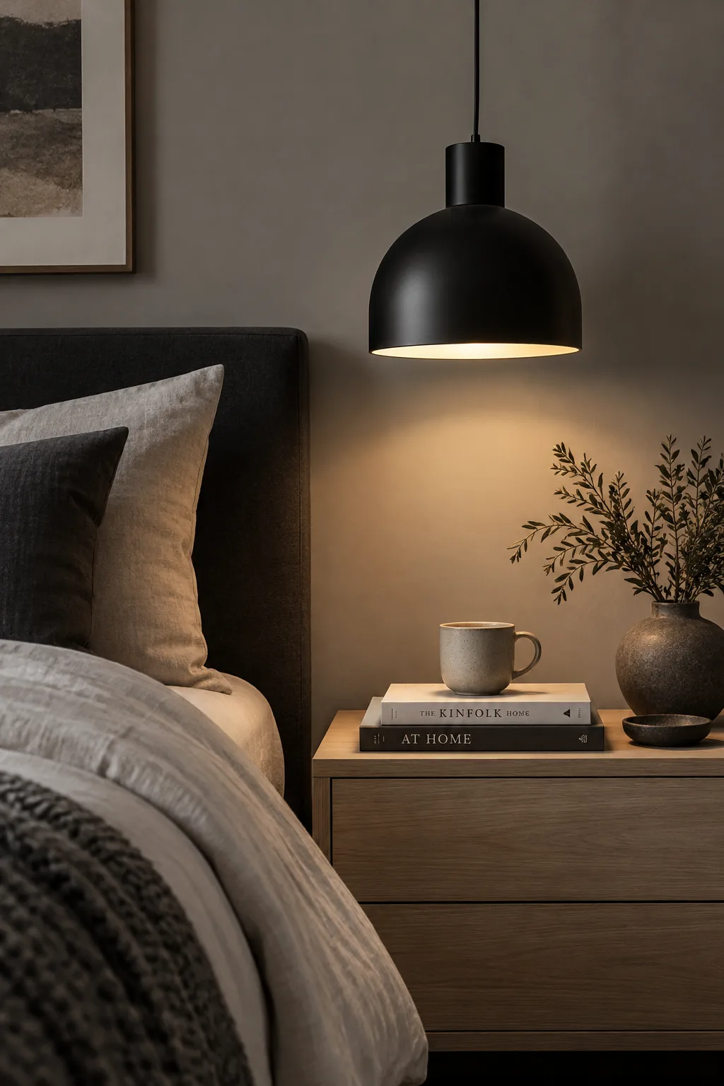 Black metal pendant lights hanging over bedside tables in a grey bedroom.