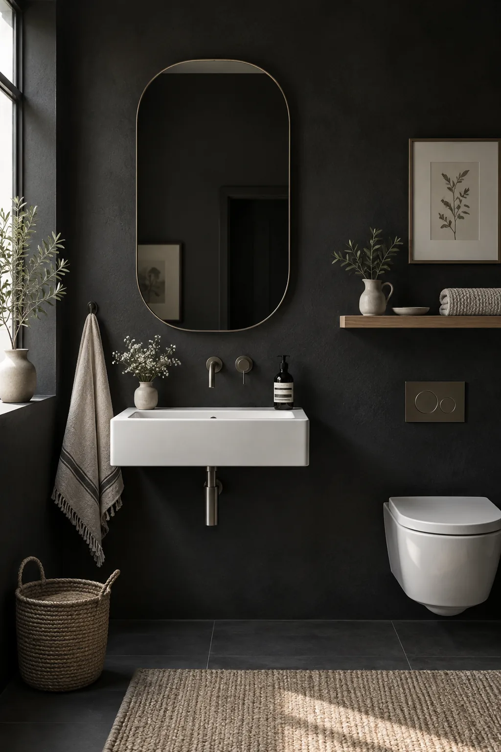 Bathroom with dark painted walls, a bright white pedestal sink, and polished chrome mirrors.