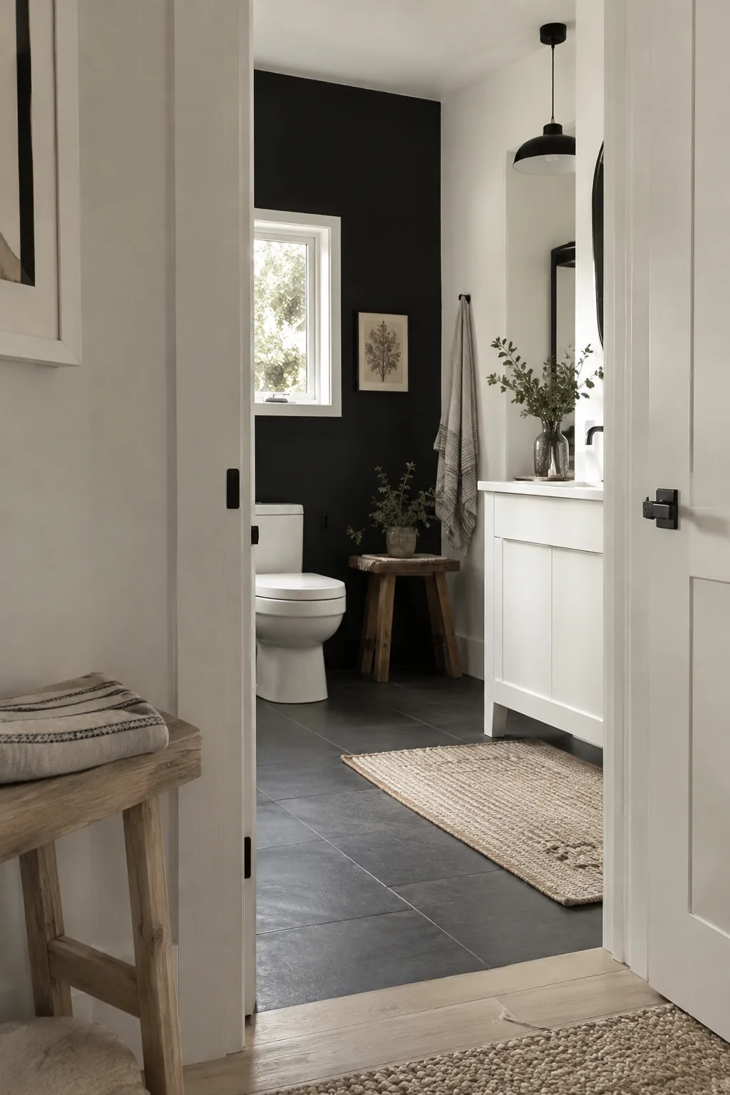 Small bathroom showing a black accent wall illuminated by a single window.