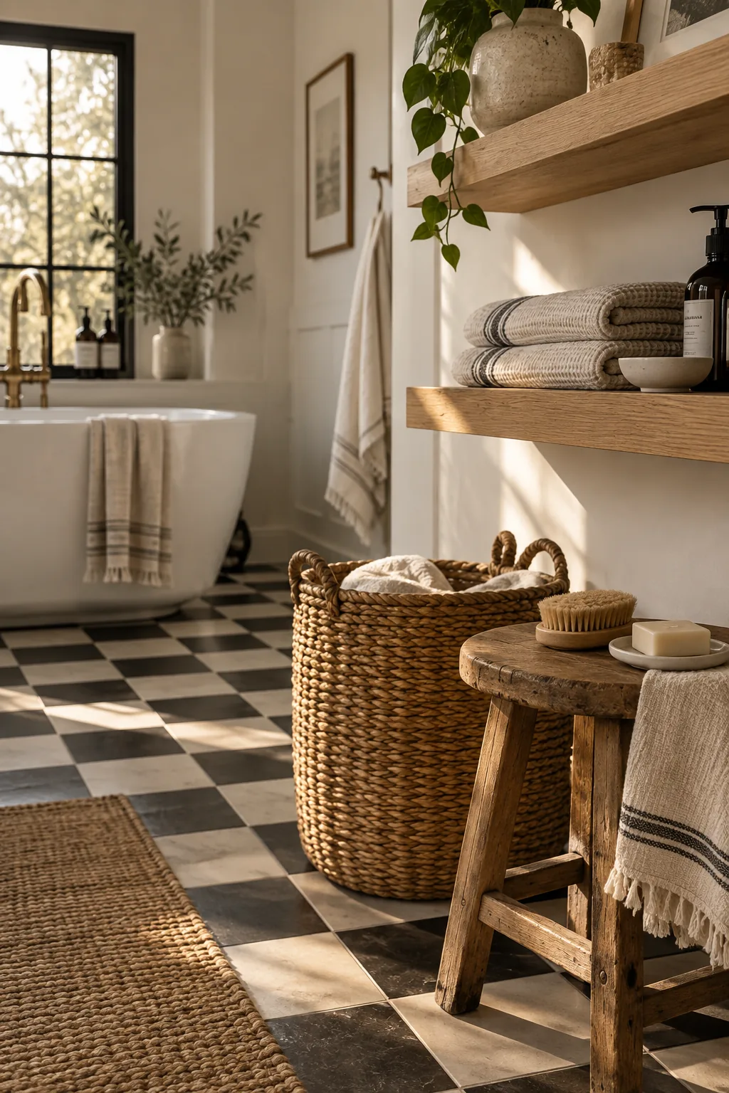 Black and white tiled bathroom featuring floating oak shelves and a rattan basket.
