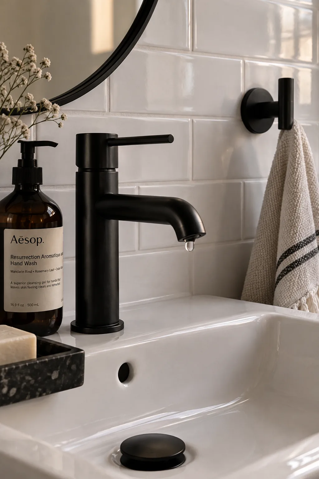 White subway tile shower featuring matte black shower head and handles.