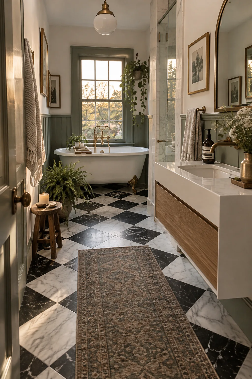 Narrow bathroom floor featuring black and white marble tiles laid in a diagonal checkerboard pattern.