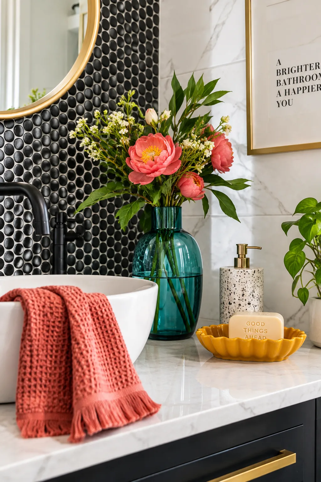 Bathroom featuring small black penny round floor tiles and oversized white wall tiles.