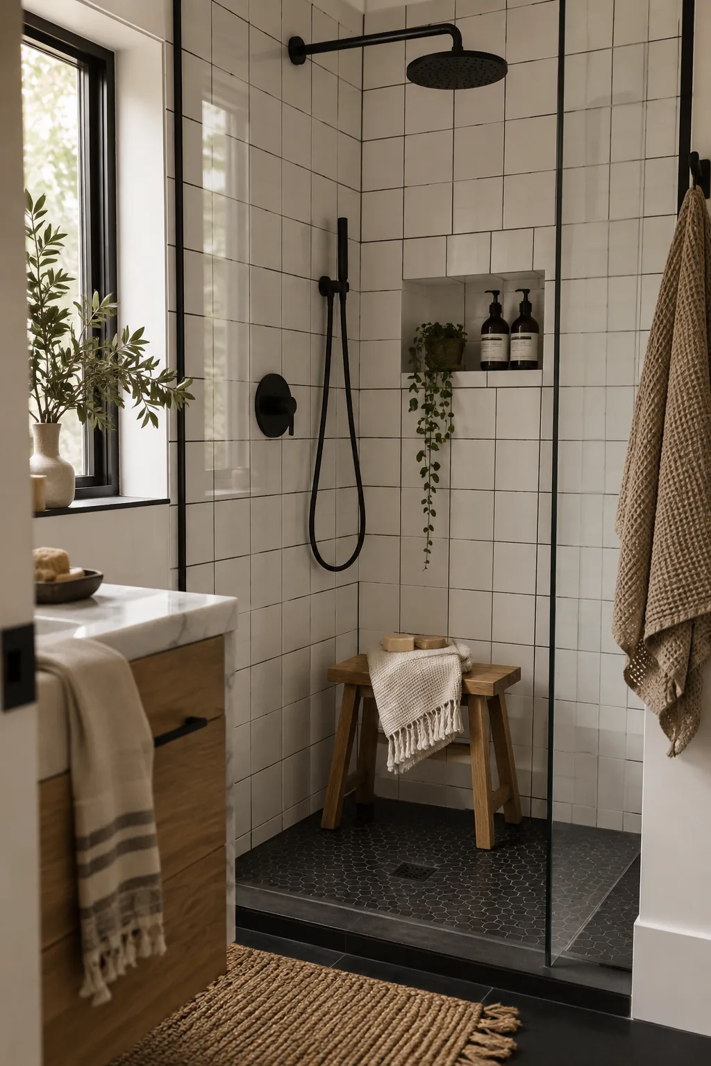 Shower wall covered in white subway tile with dark black grout.