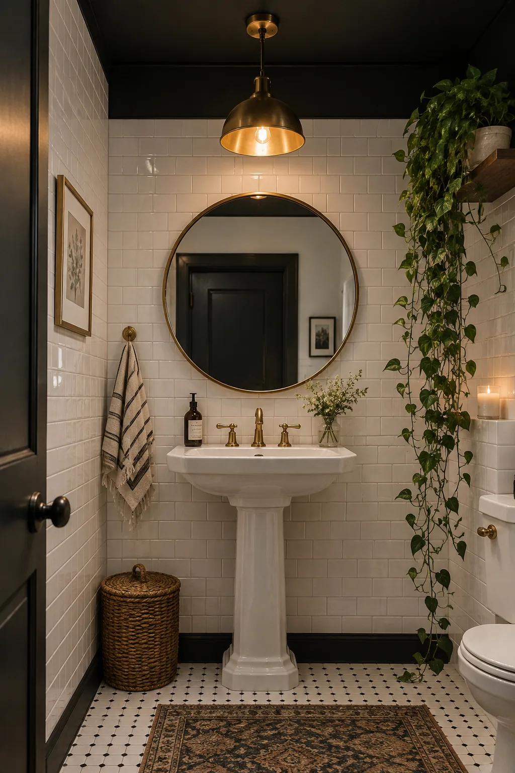 Bathroom with white tiled walls and a deep charcoal painted ceiling.