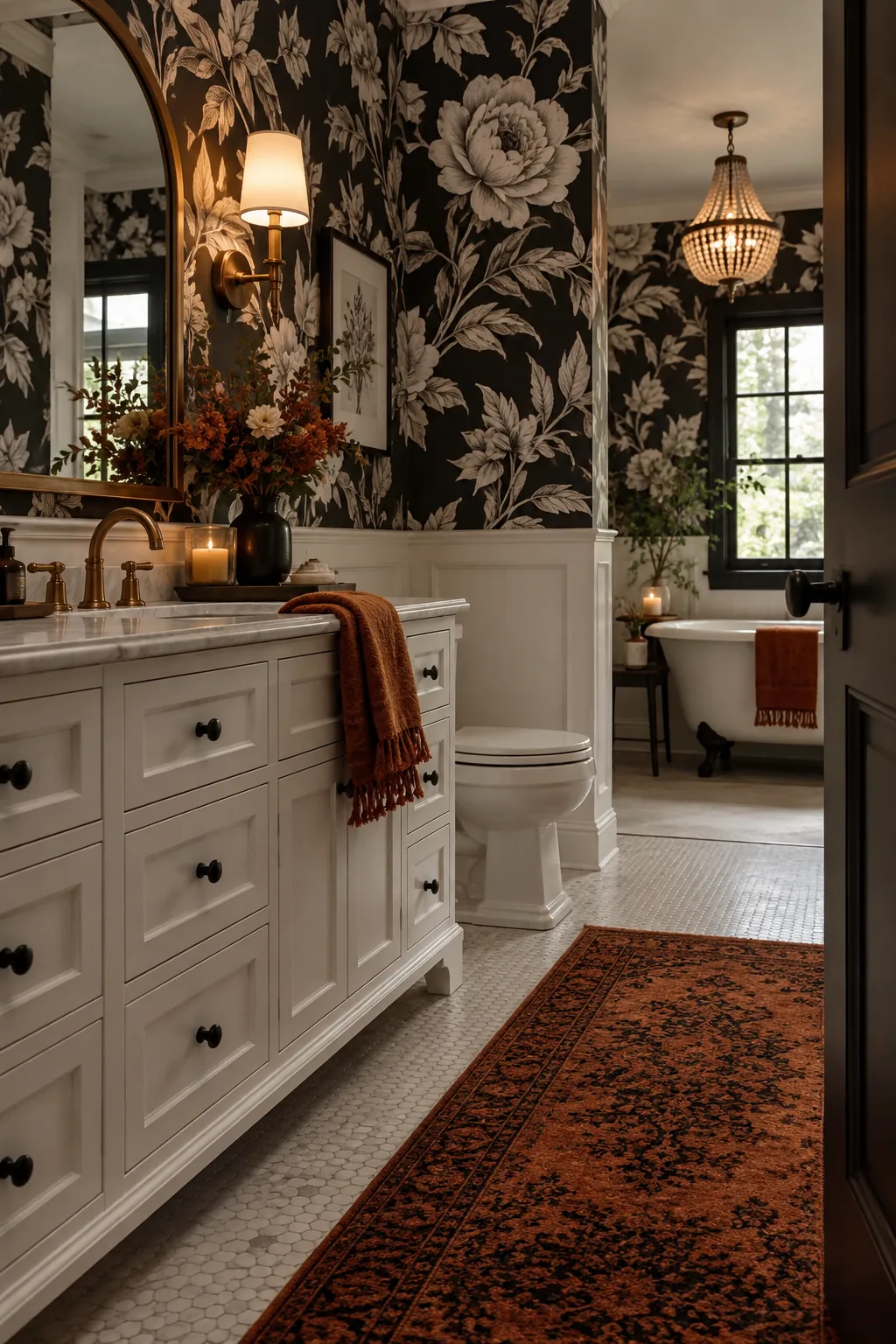 Bathroom featuring large-scale black and white botanical wallpaper above white wainscoting.