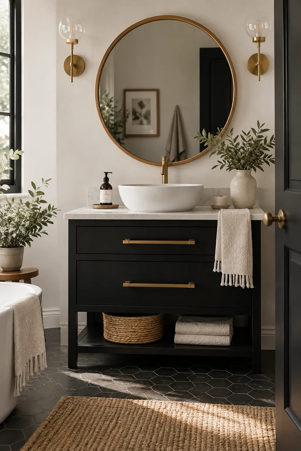 Pitch black bathroom vanity with brass hardware set against a crisp white wall.