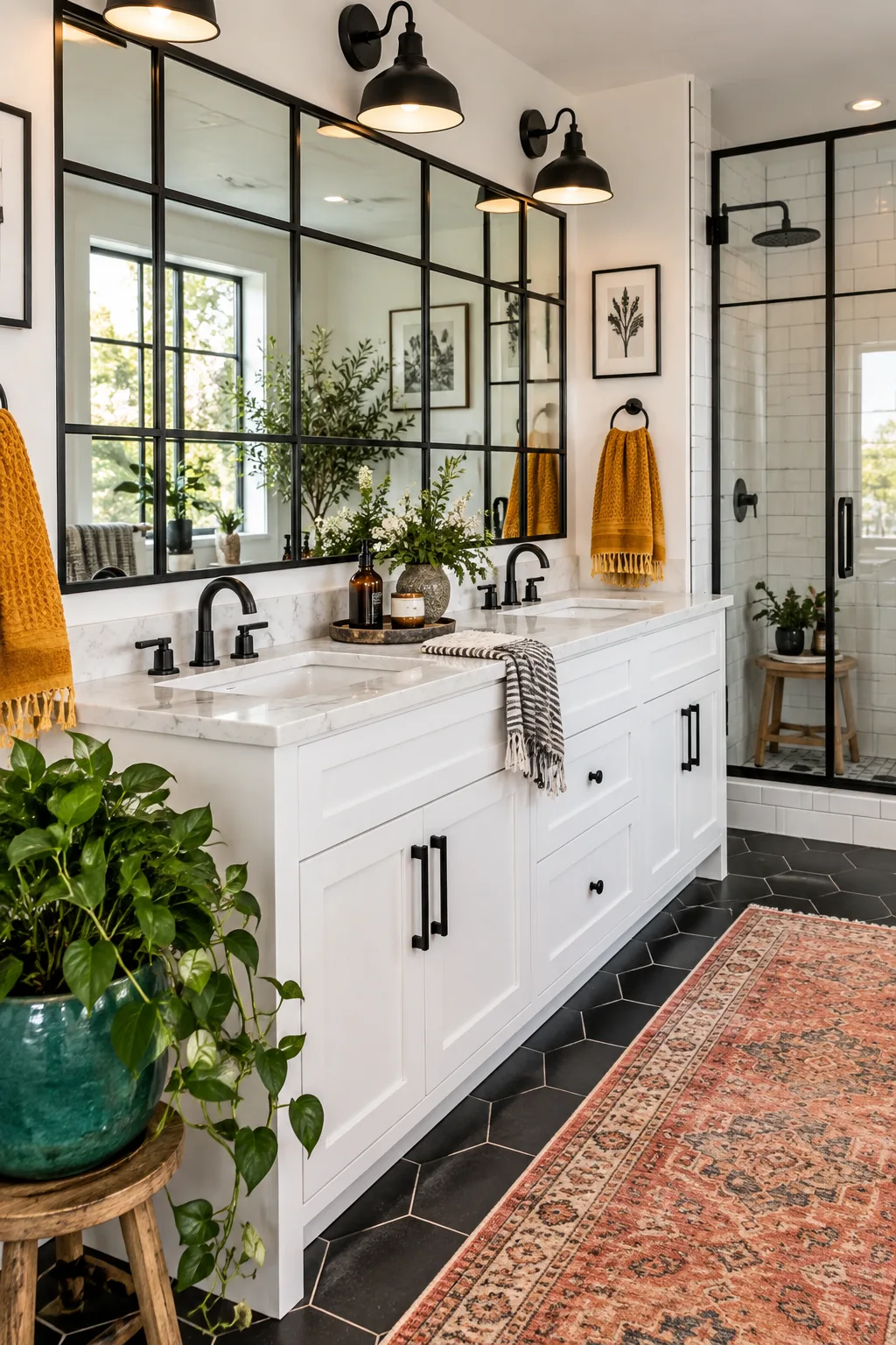Vanity mirror framed in thick black metal above a white sink.