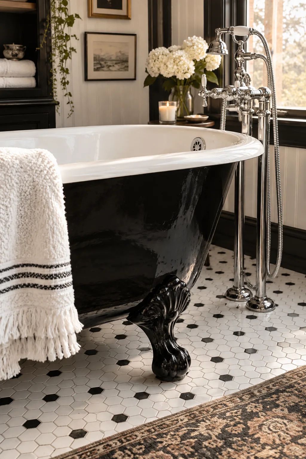 Vintage clawfoot tub painted black on the outside, sitting on a white hex tile floor.