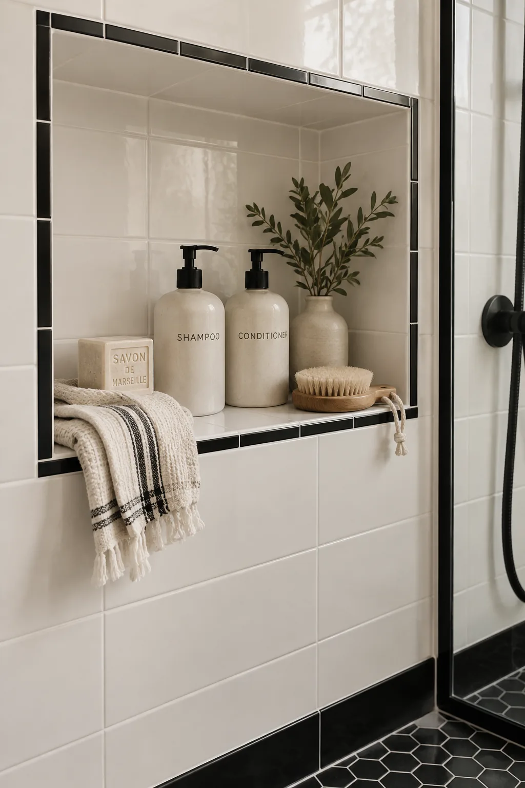 Shower interior showing a black border around a built-in shampoo niche.