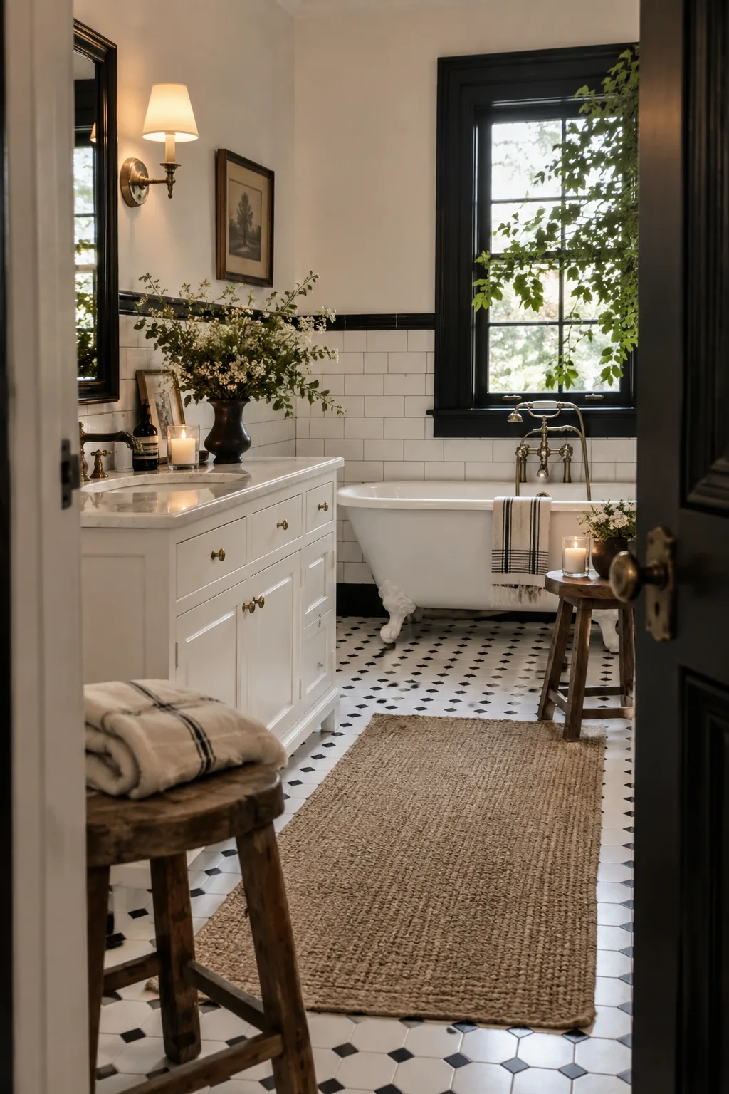 Bathroom wall split by a black chair rail, with tile below and paint above.