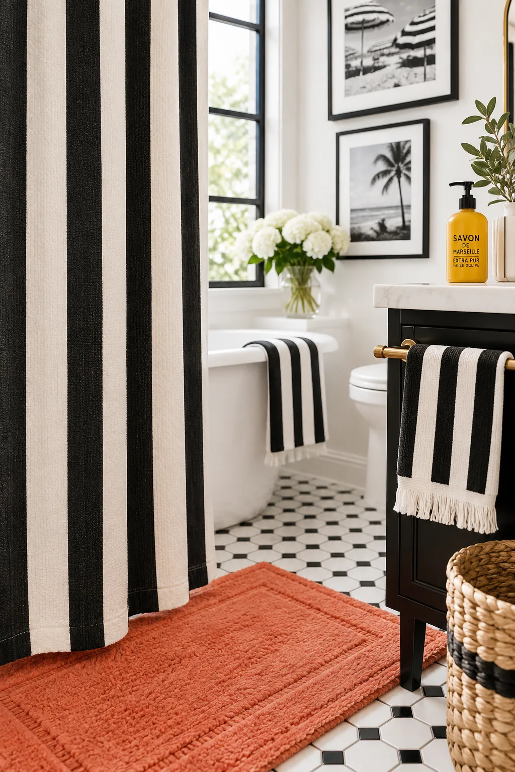 White bathroom featuring a bold black and white cabana stripe shower curtain.
