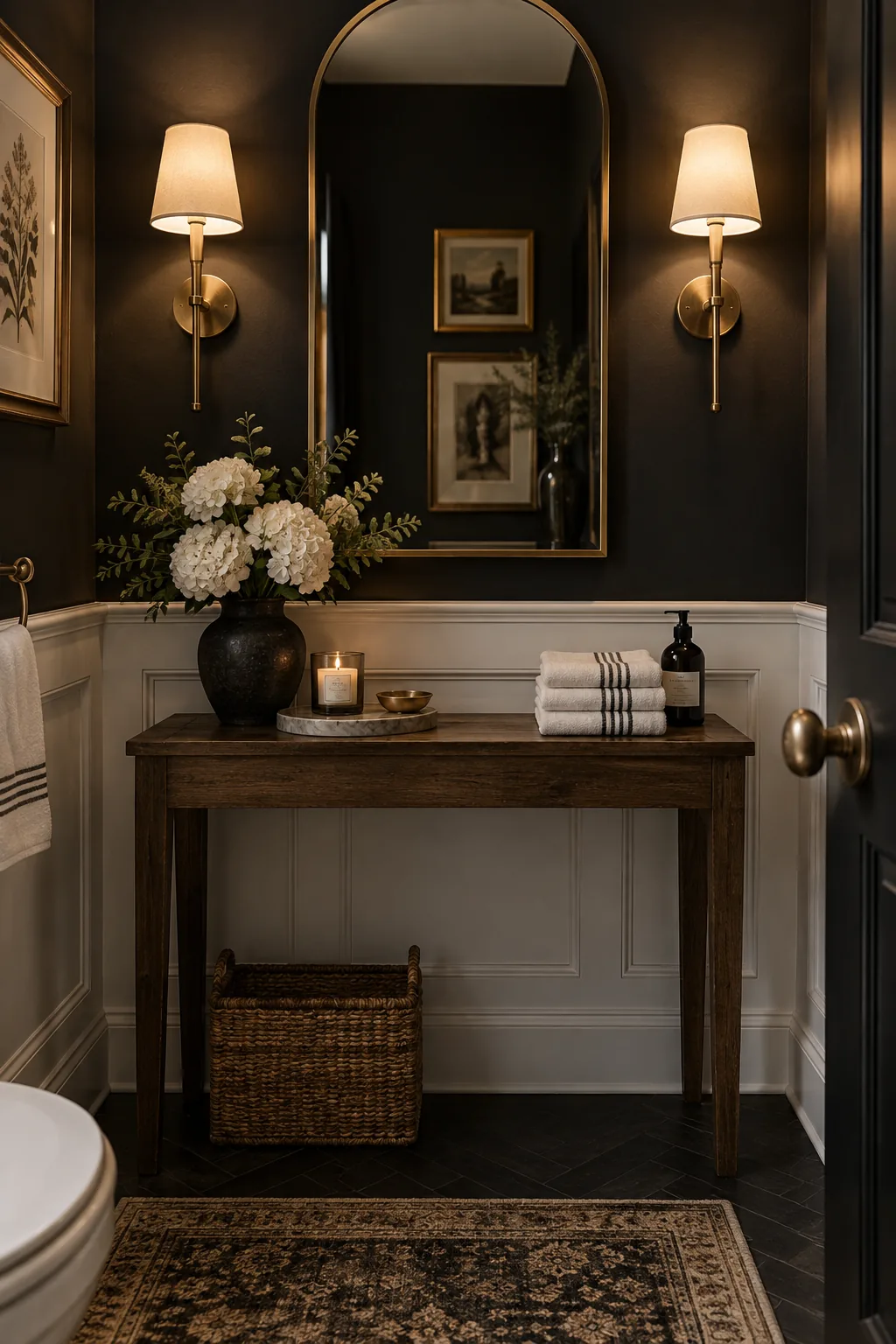 Powder room with dark black upper walls and bright white wainscoting below, accented with brass sconces.