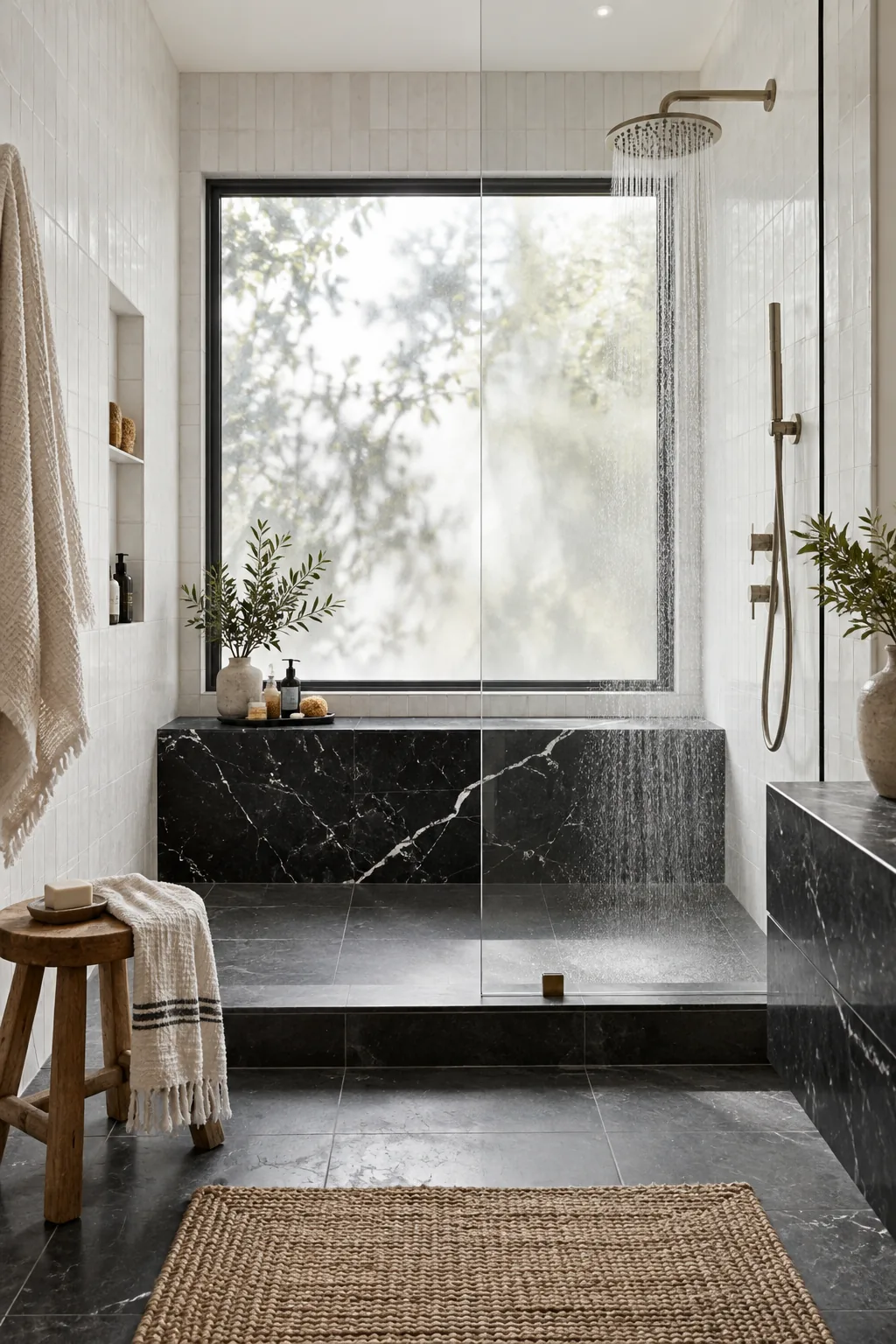 Shower bench made from black Nero Marquina marble with white veining.