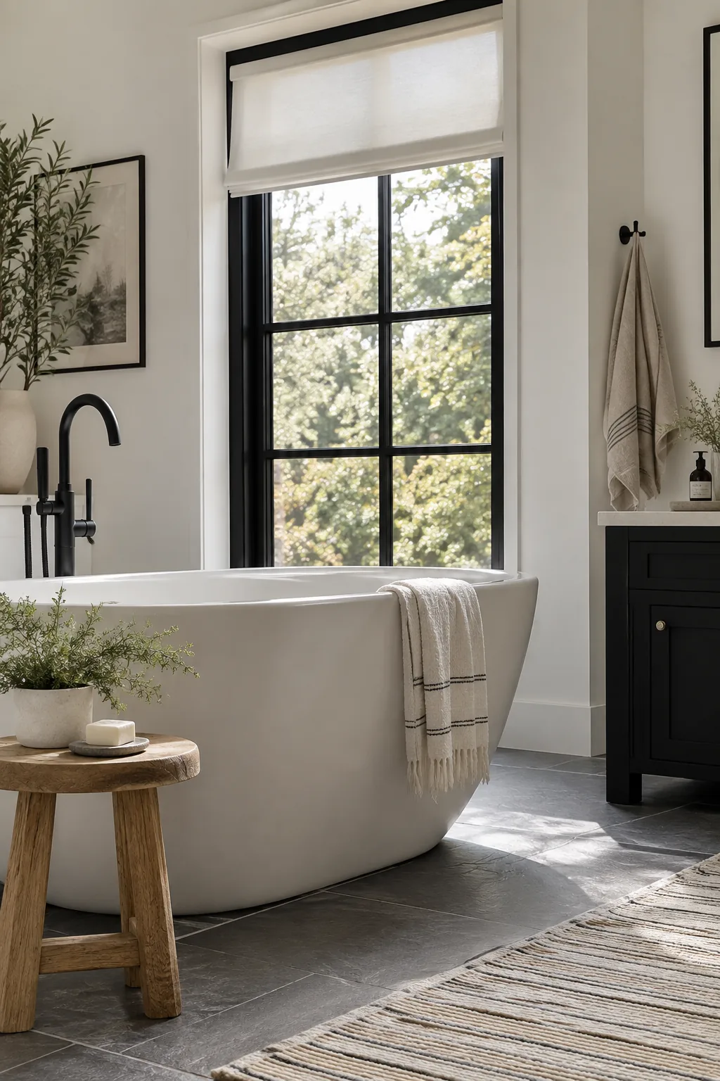 Bathroom window with interior frames and mullions painted matte black.