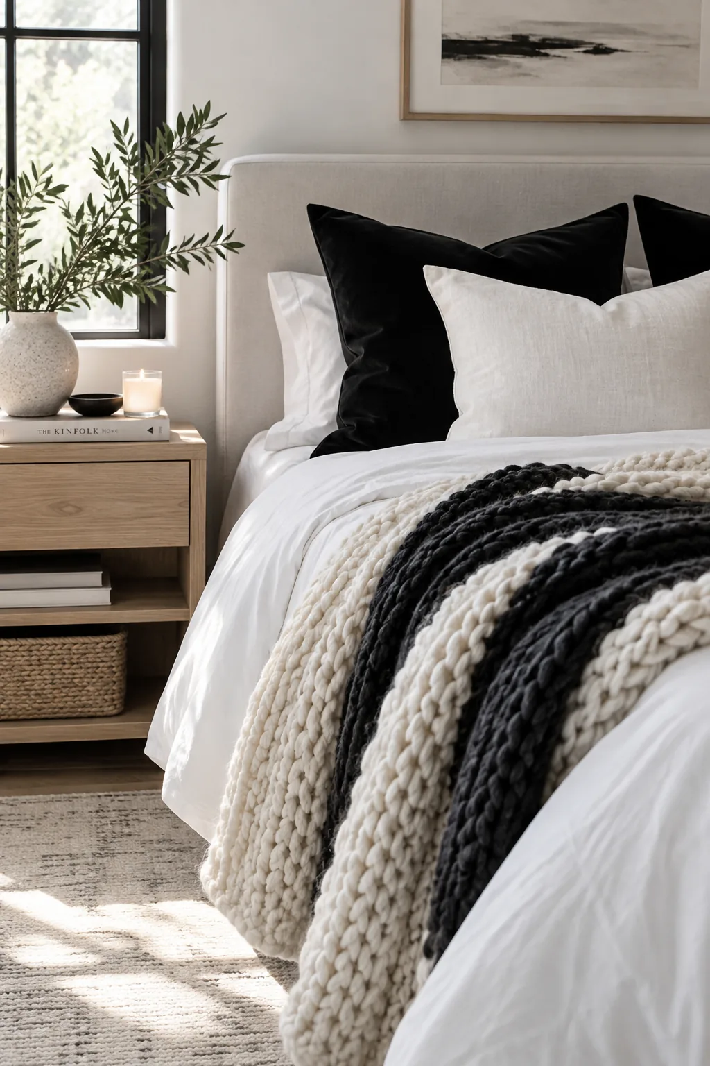 A white bed layered with a black chunky knit throw and velvet pillows