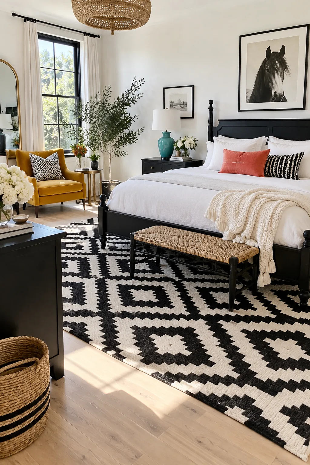 A black and white bedroom featuring a large geometric patterned area rug under the bed