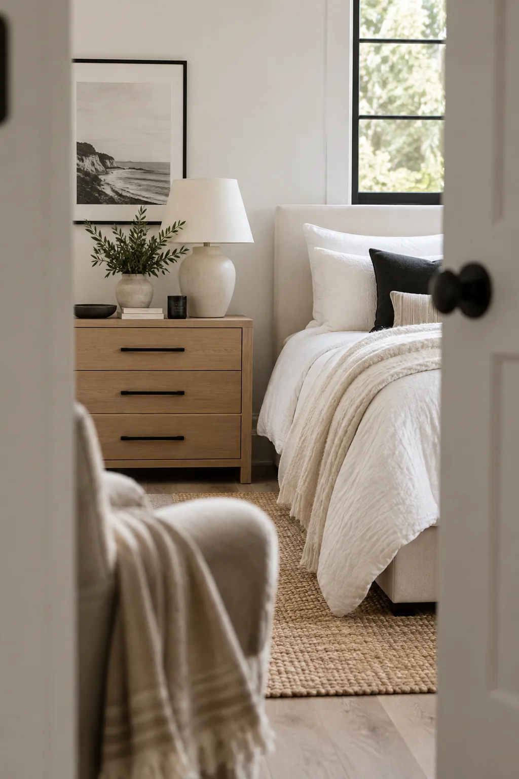Close up of a white nightstand with sleek matte black drawer pulls