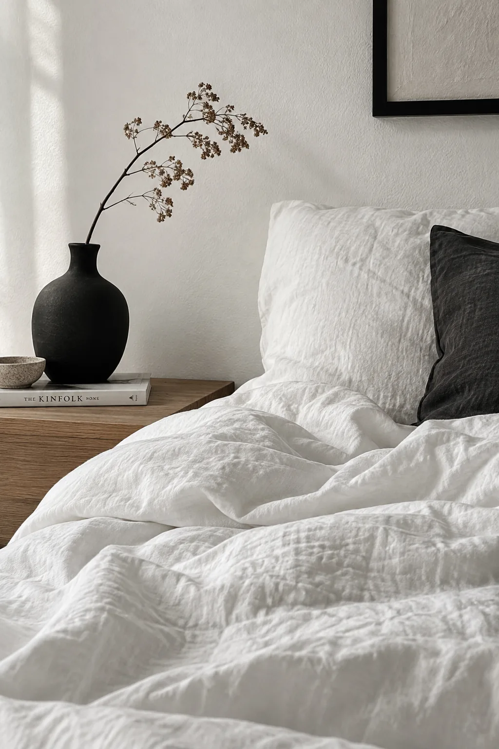 A mostly white bedroom with small black accents like lamps and pillows