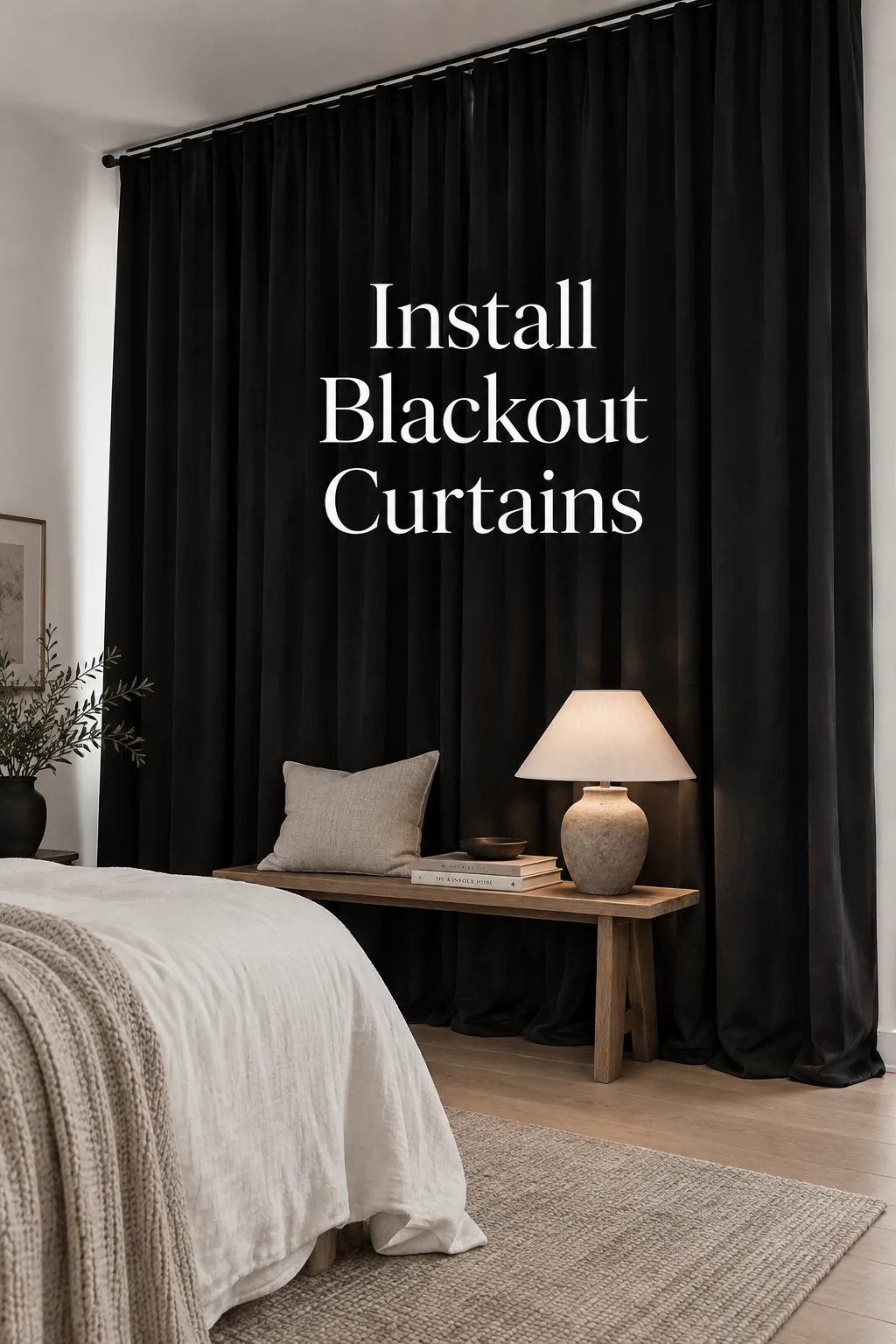 Tall black curtains hanging against bright white bedroom walls
