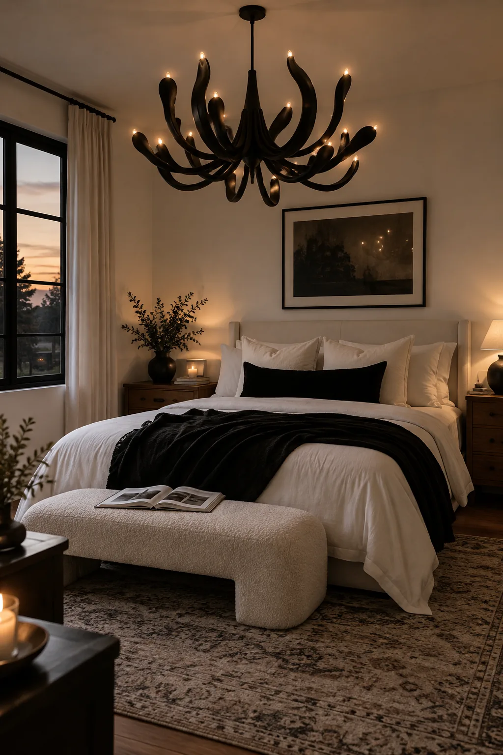 A striking black sculptural chandelier hanging from a white bedroom ceiling