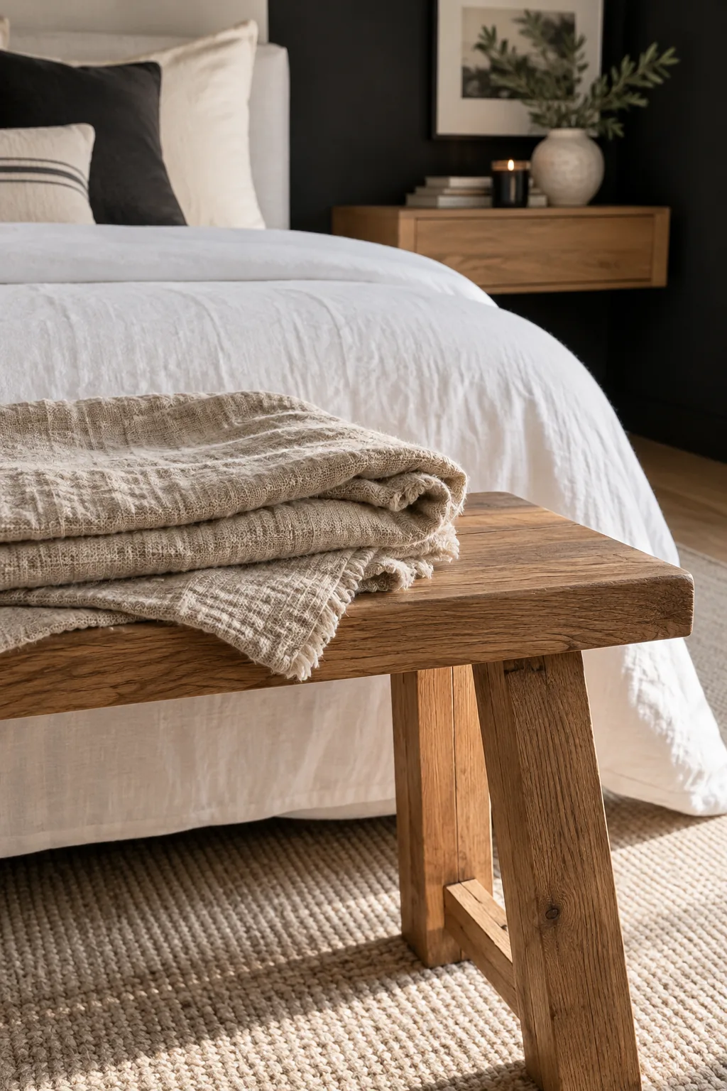 A black and white bedroom featuring a natural oak wood bench at the foot of the bed