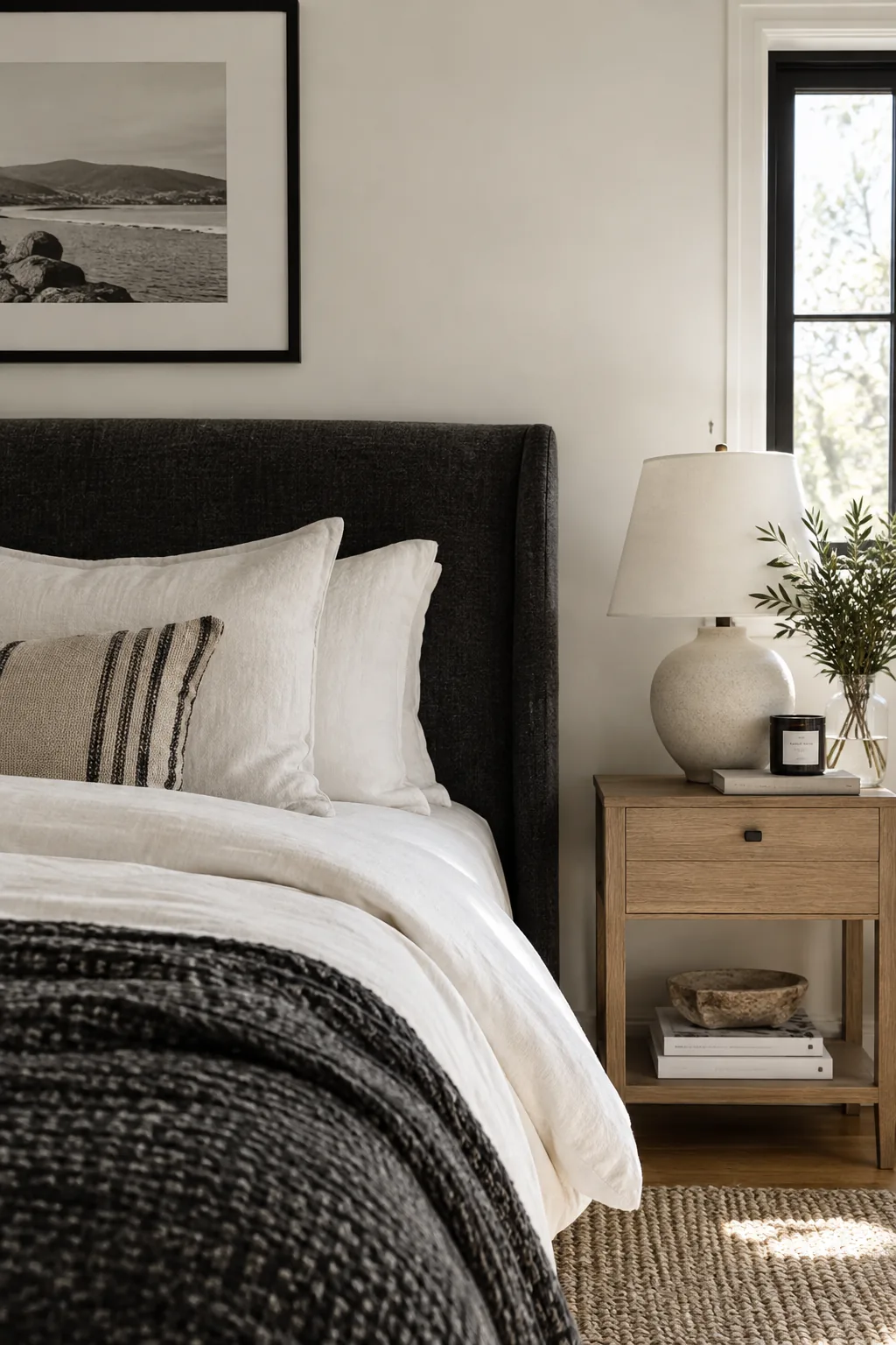 A luxurious black velvet headboard set against a bright white wall