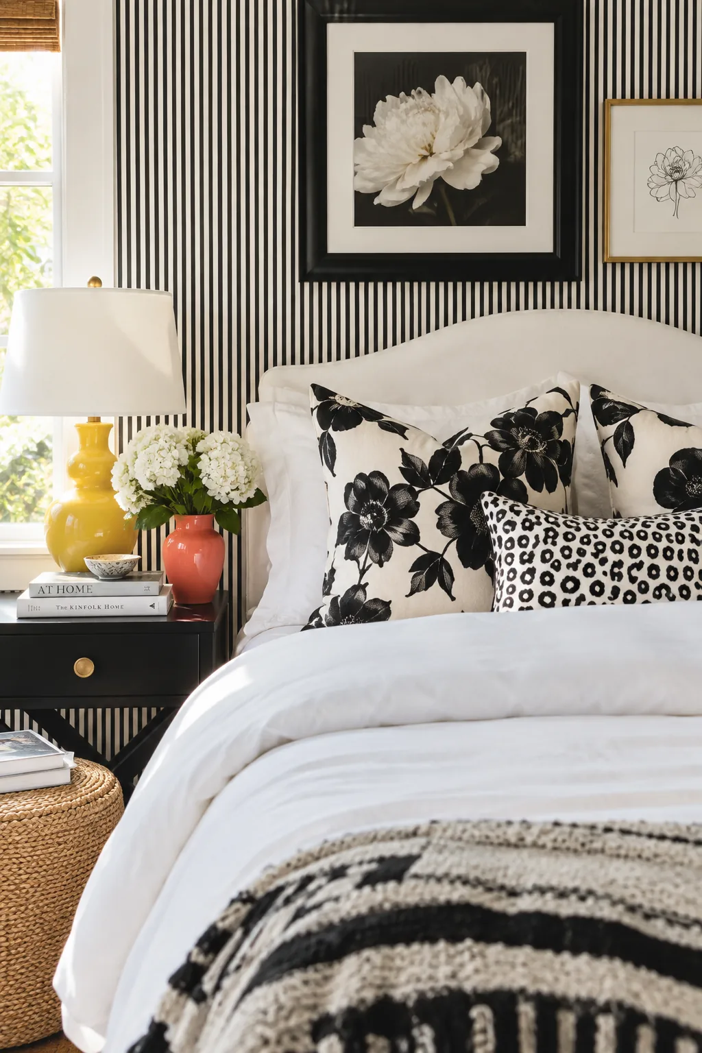 A bedroom with subtle pinstripe wallpaper and bold patterned black and white pillows