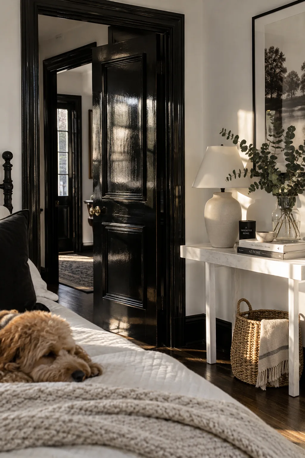 A bedroom interior featuring white walls framed by high-gloss black door frames and baseboards