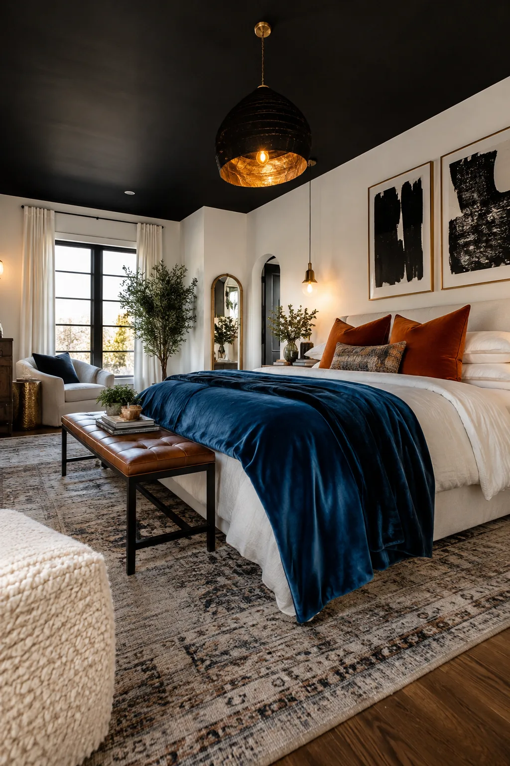 A striking bedroom with white walls and a bold black painted ceiling