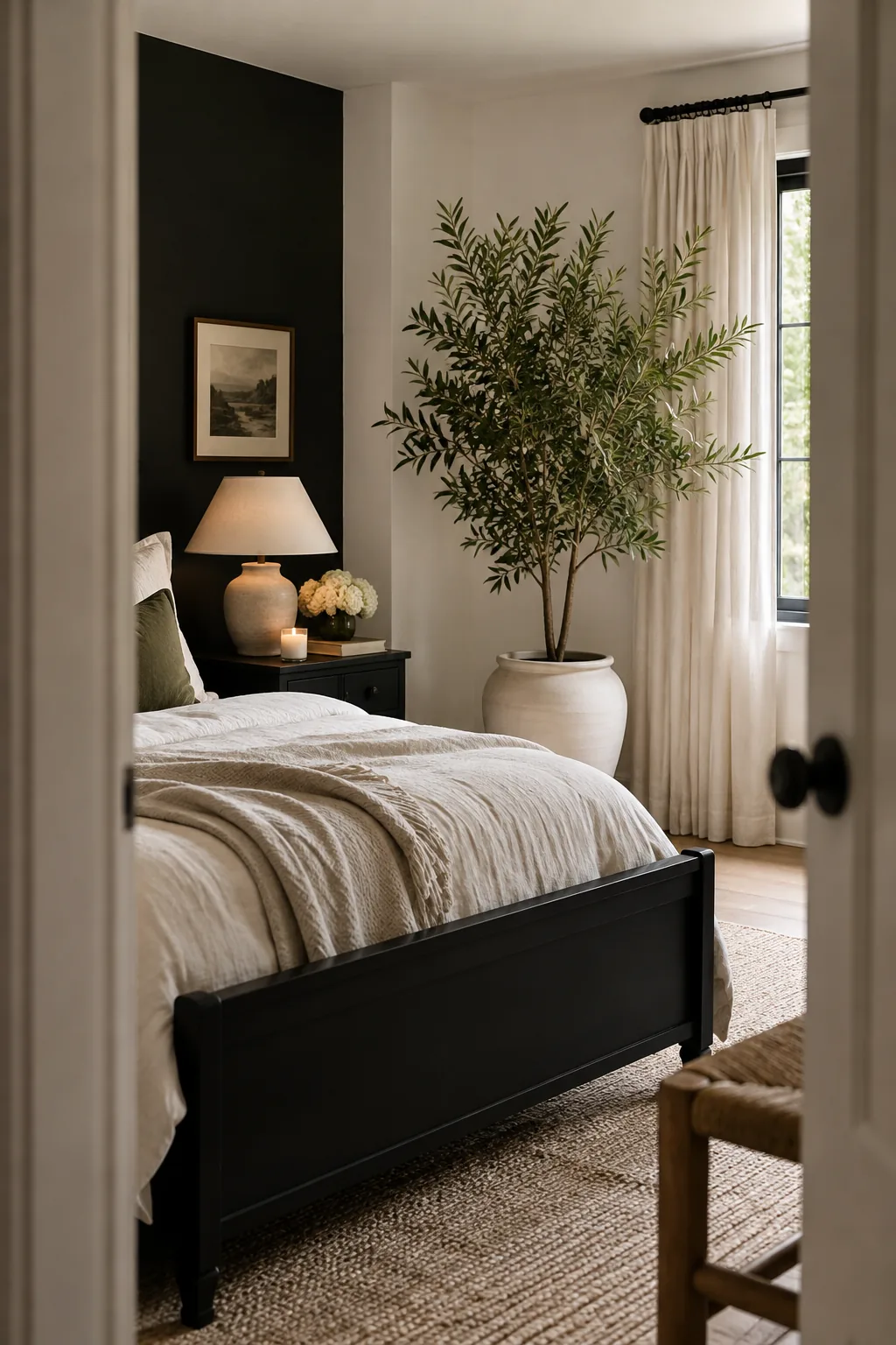 A tall green fiddle leaf fig plant in the corner of a black and white bedroom