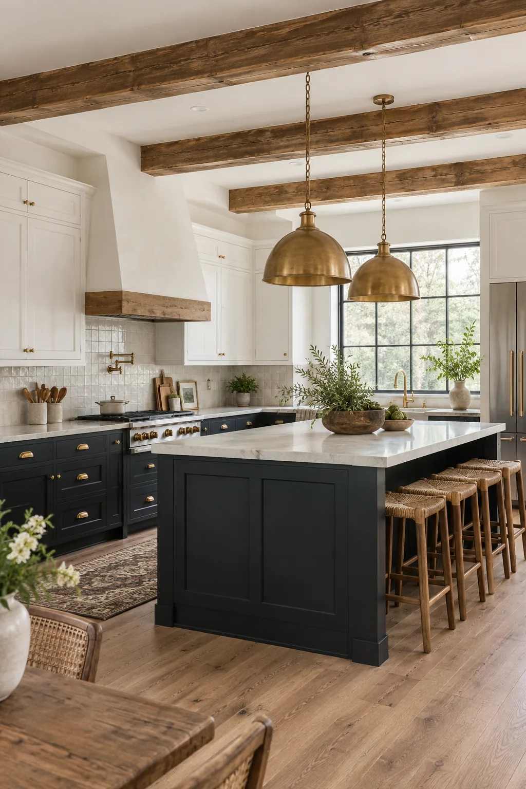 Modern farmhouse kitchen with charcoal cabinets and reclaimed wood beams.