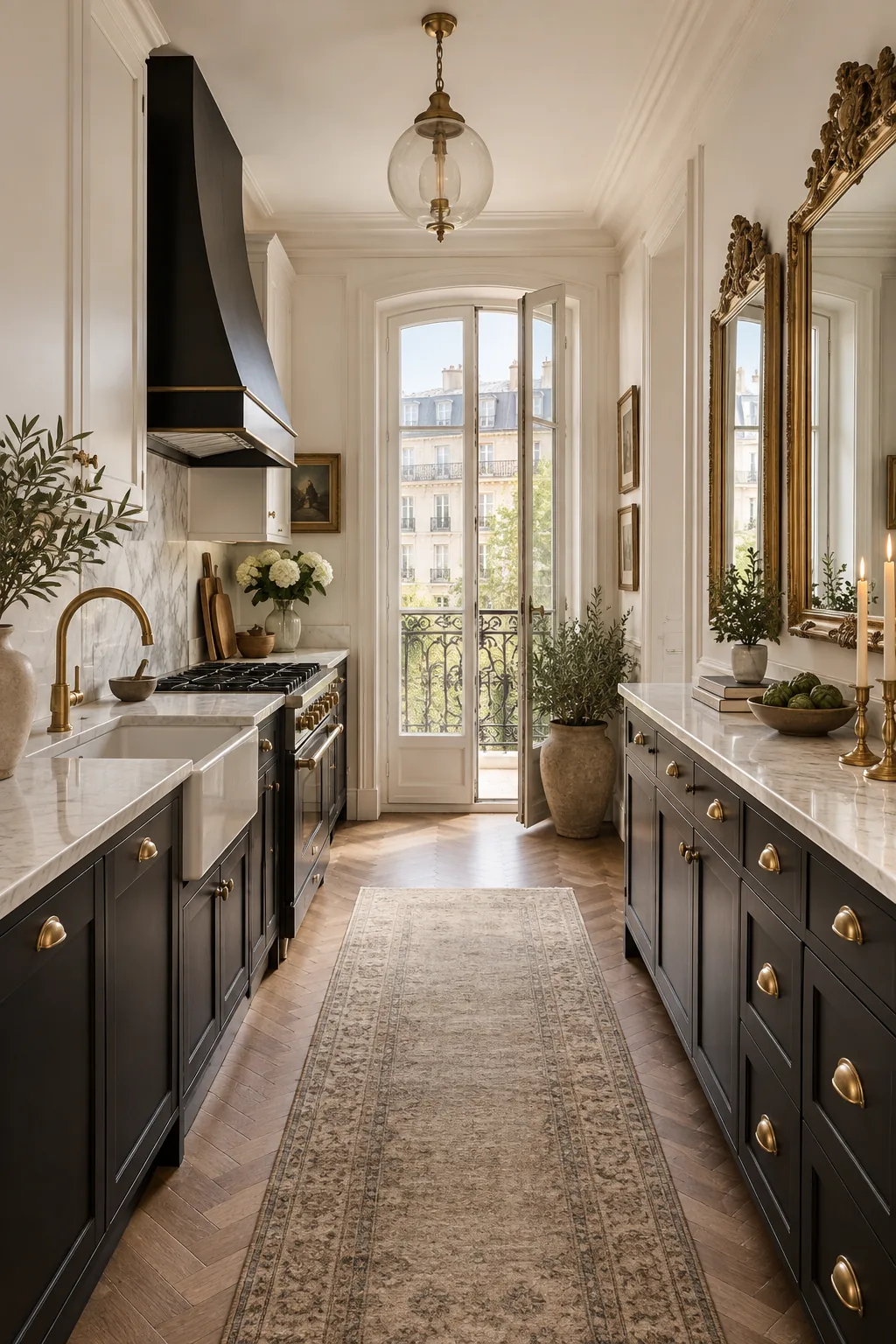 Parisian apartment galley kitchen with ink black cabinets and ornate brass details.