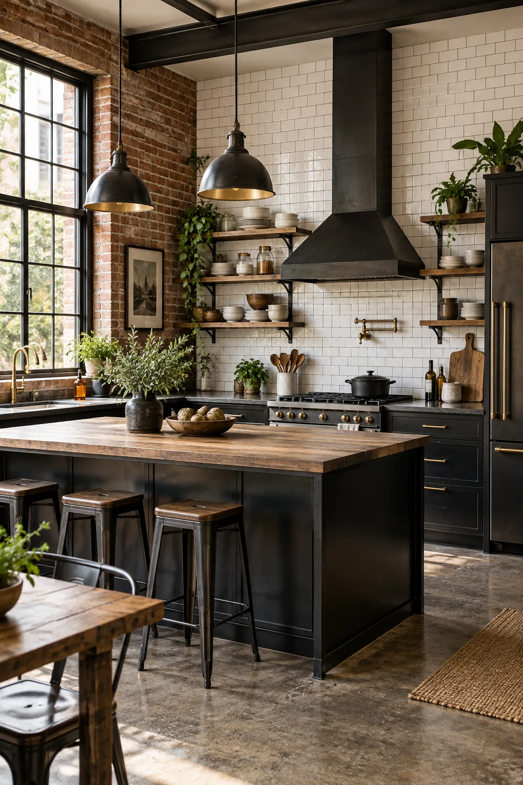 Industrial loft kitchen with pitch black metal cabinets and bright white subway tile.