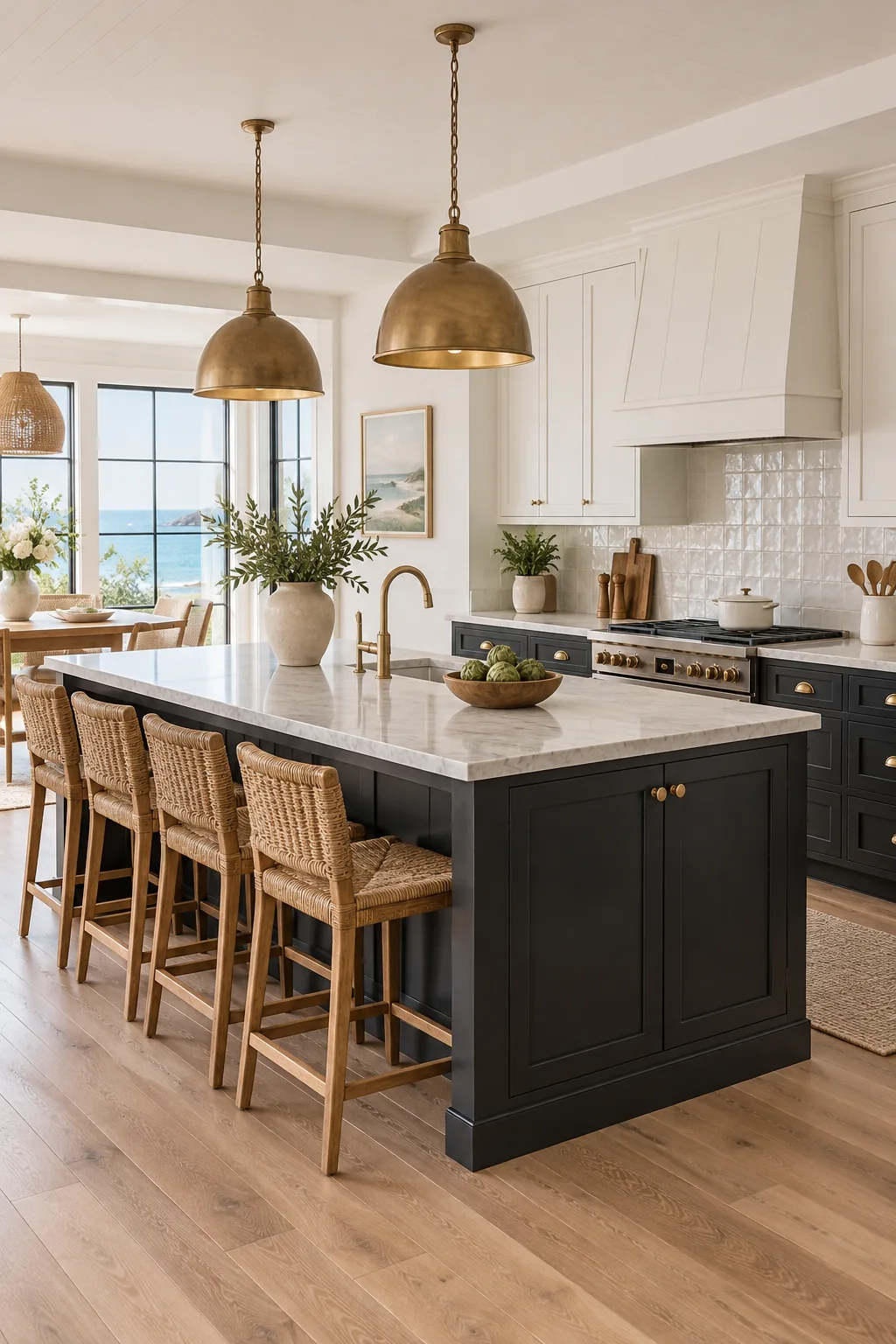 Coastal transitional kitchen with a faded black island and light oak floors.