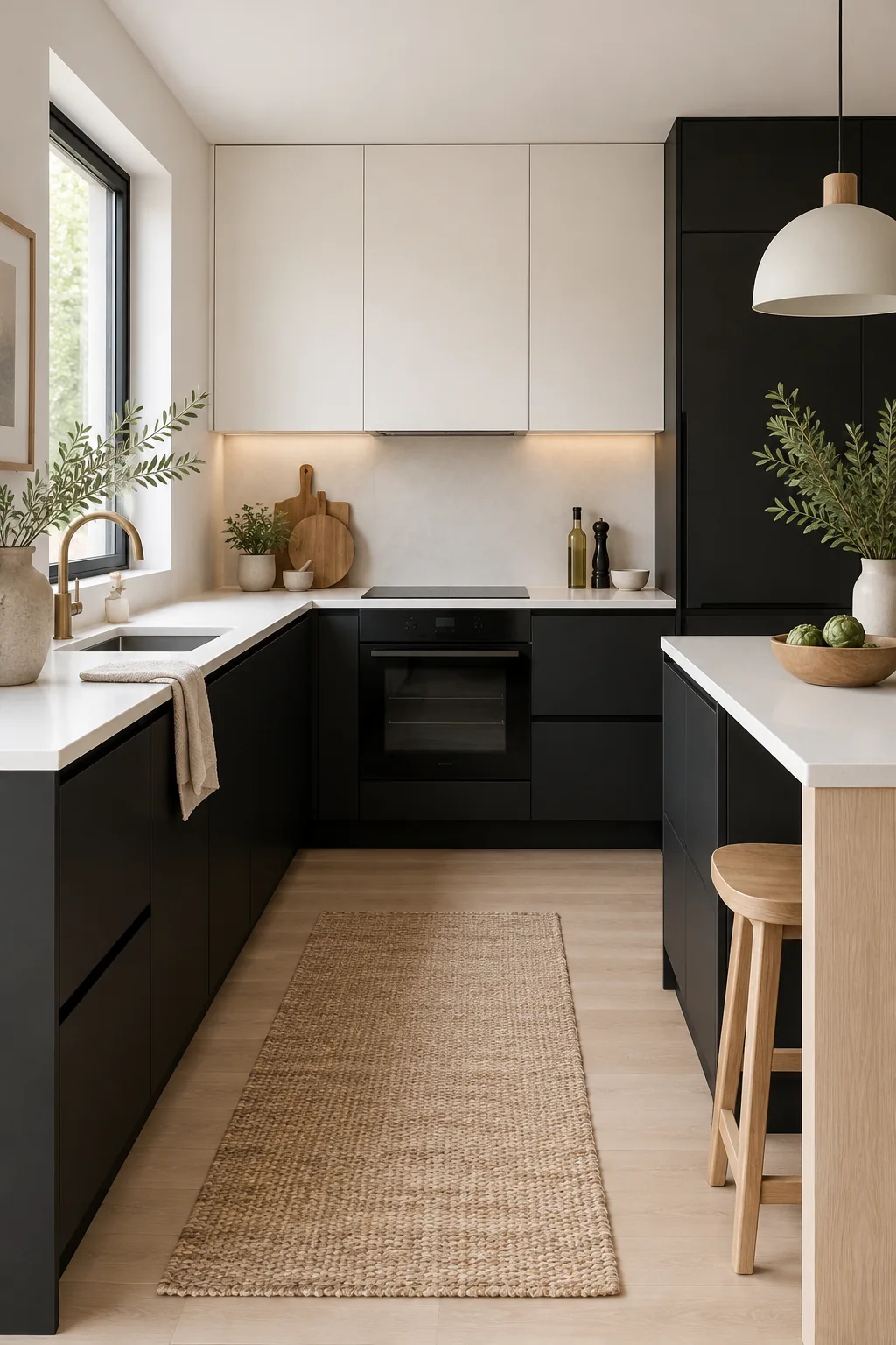 Minimalist Scandi kitchen with matte ebony flat-panel cabinets and pale ash wood.