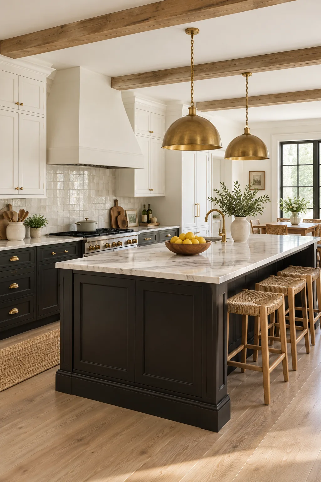Large kitchen island painted in warm black with a white marble countertop.