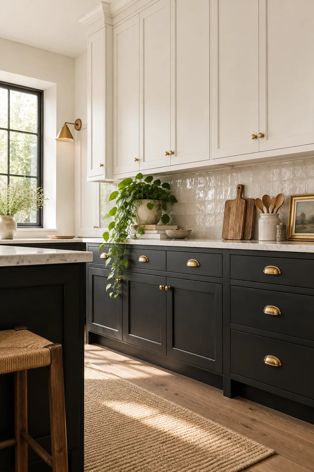 Matte black lower kitchen cabinets featuring brass cup pulls.