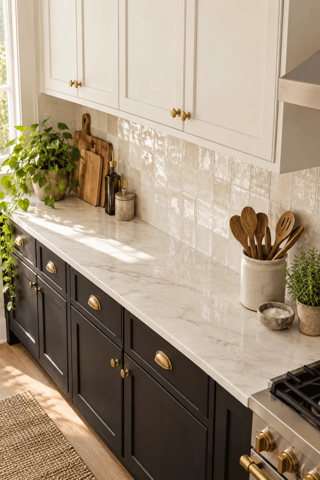 Creamy alabaster white upper cabinets seamlessly meeting a white ceiling.