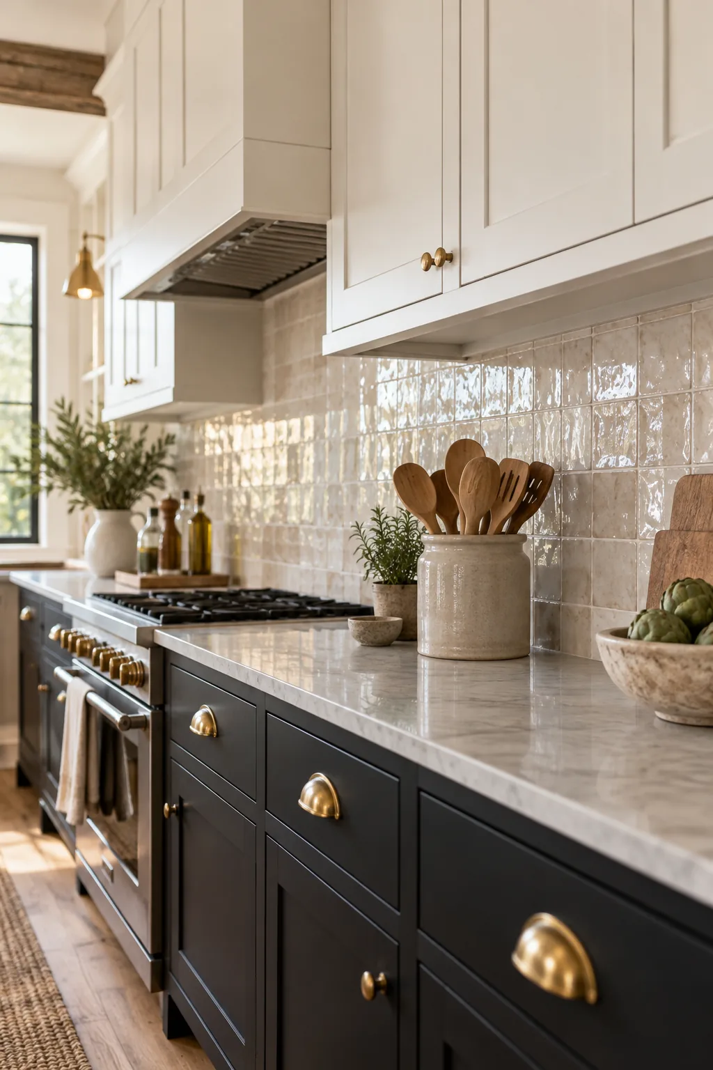Glazed square white zellige tiles forming a textured kitchen backsplash.